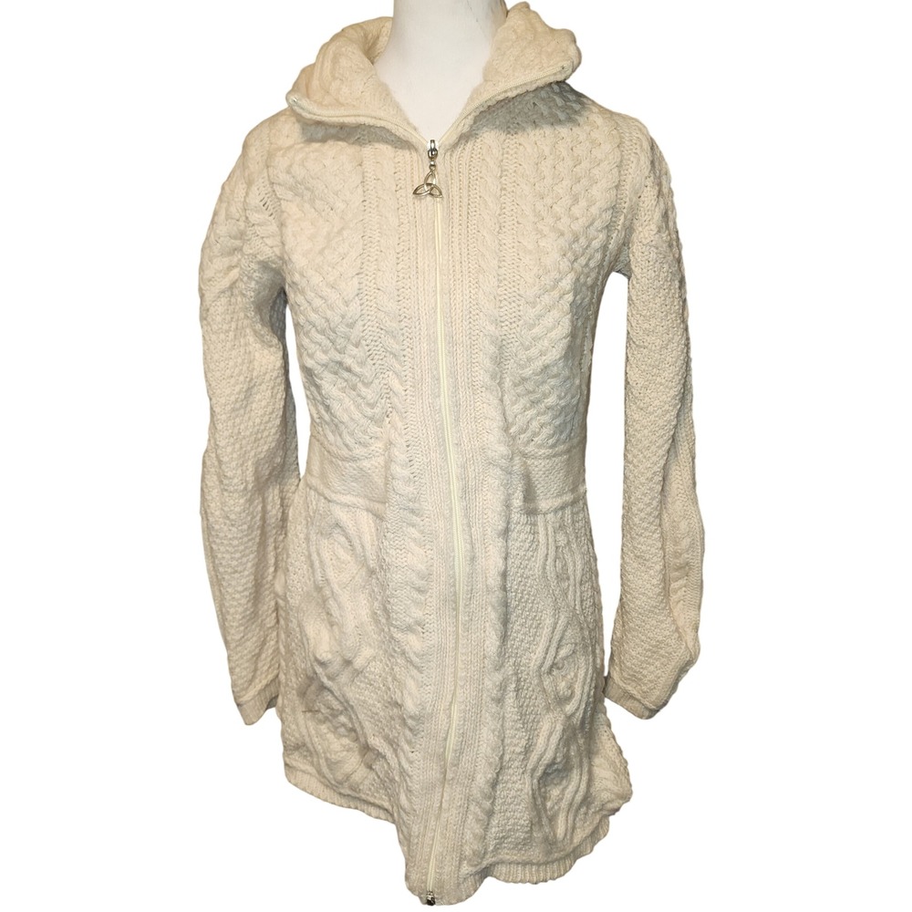 Aran Mor Ireland 100% Merino Wool Full Zip Cable Knit Cardigan Sweater Cream S